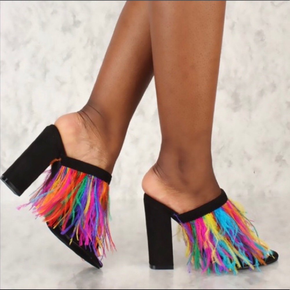 feathered chunky heel mule